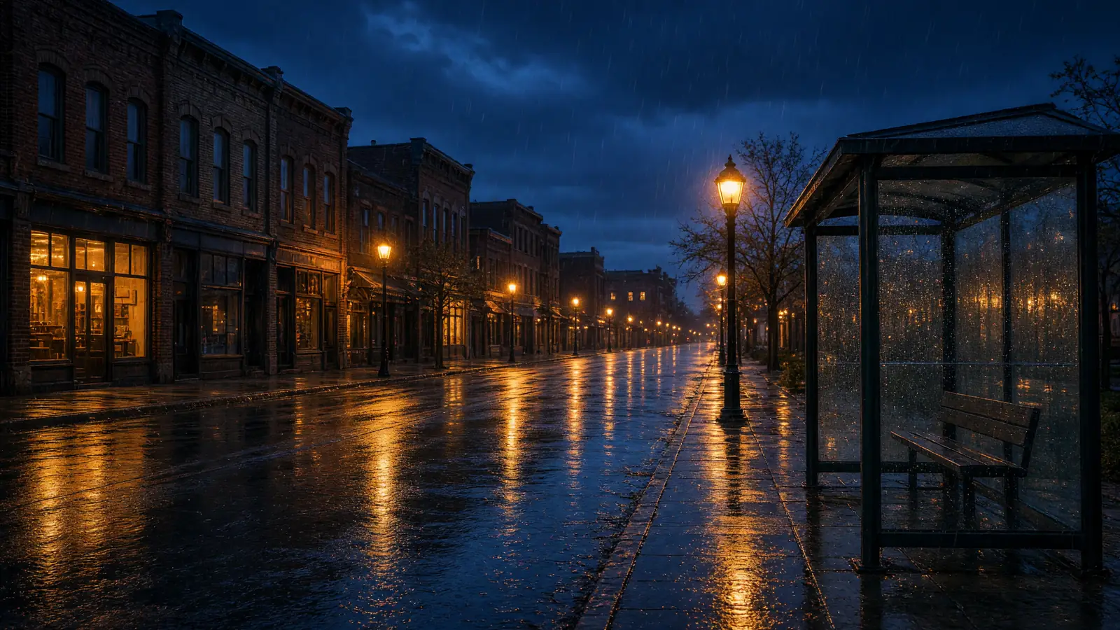 Brick storefronts and an empty bus shelter on a wet street at dusk, streetlights reflected on the road