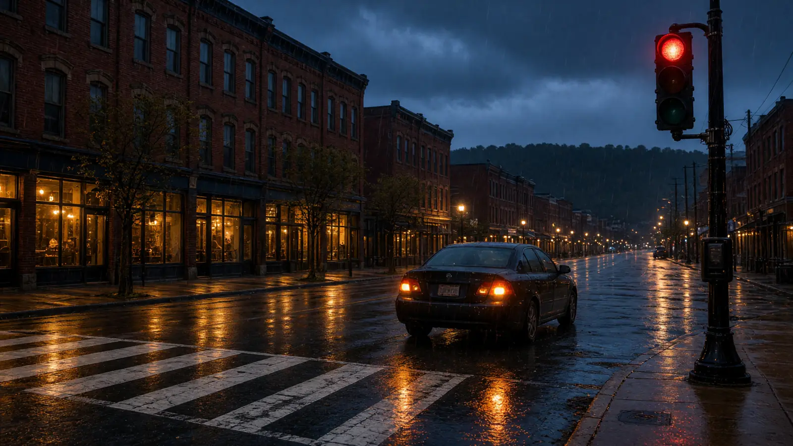 A wet Hamilton street at dusk: red-brick storefronts, a dark car with its tail-lights lit at a red signal, the escarpment treeline beyond