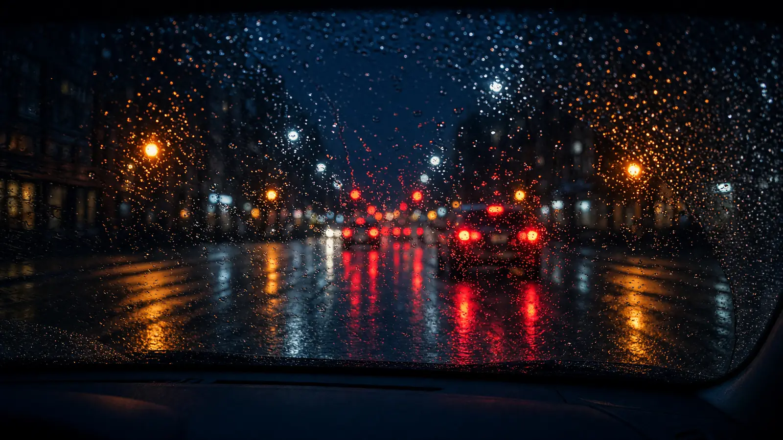 Rain on the windscreen of a parked car at night, a wet street and tail-lights blurred beyond the glass